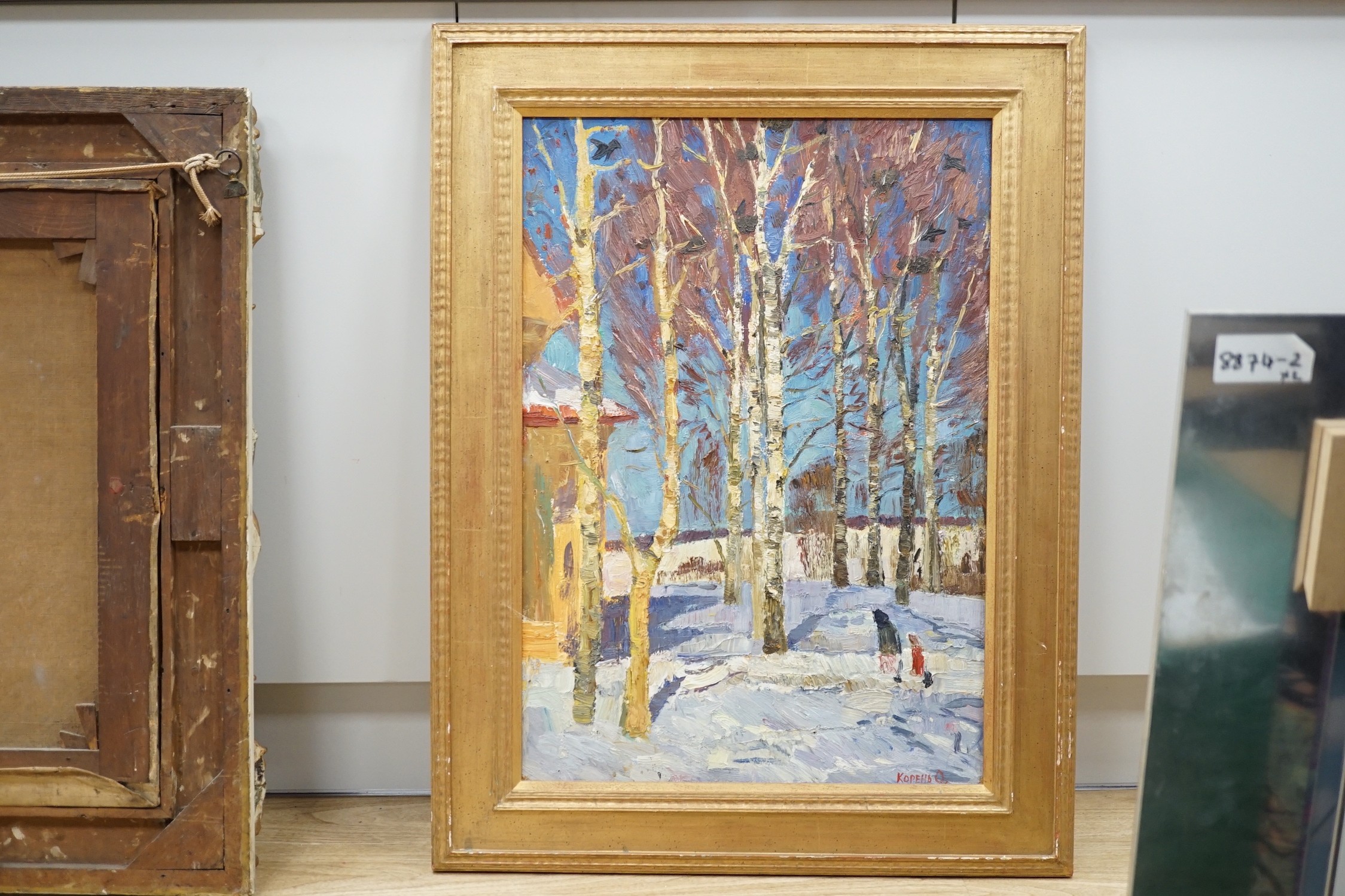 Oleg Koren (Russian, b.1933), oil on board, Figures beneath birch trees in winter, signed, 67 x 47cm